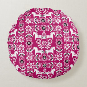 Pink Dala Swedish Horse Print Round Pillow