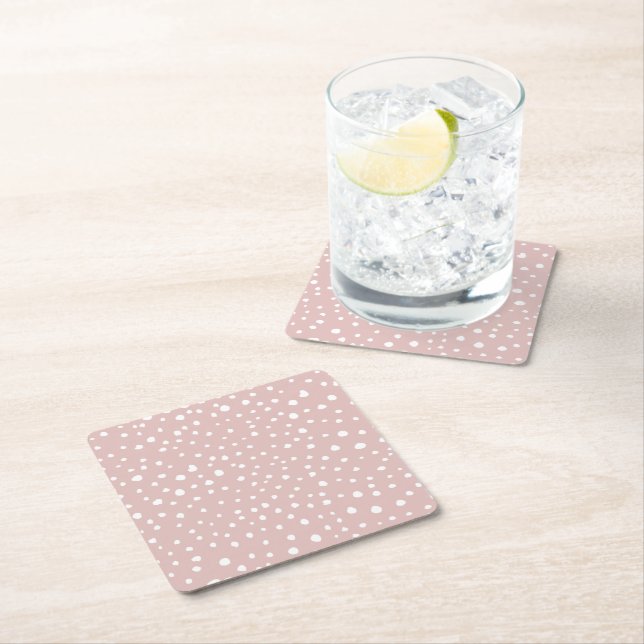 Pink Dalmatian Spots, Dalmatian Dots, Dotted Print Square Paper Coaster (Insitu)