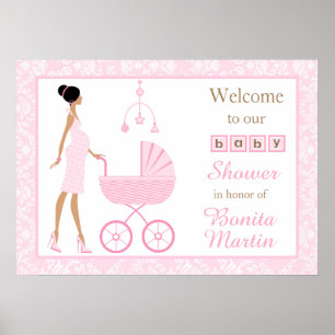 Pink Damask African American Woman Baby Shower Poster