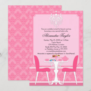Pink Damask and Chandelier Bridal Tea Party Invitation