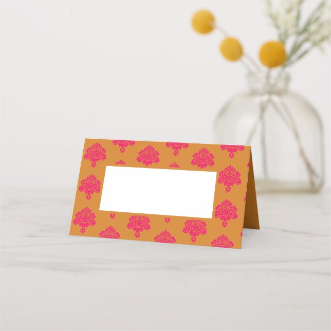Pink damask and orange pattern place card (Front)