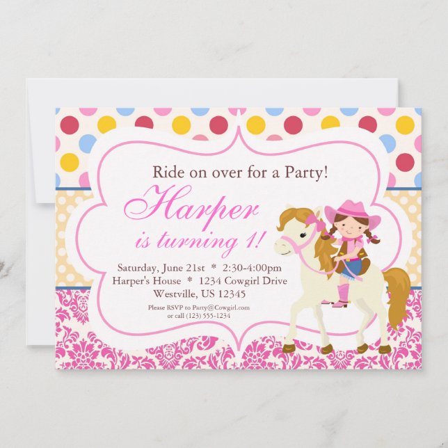 Pink Damask and Polka Dot Cowgirl Birthday Party Invitation (Front)
