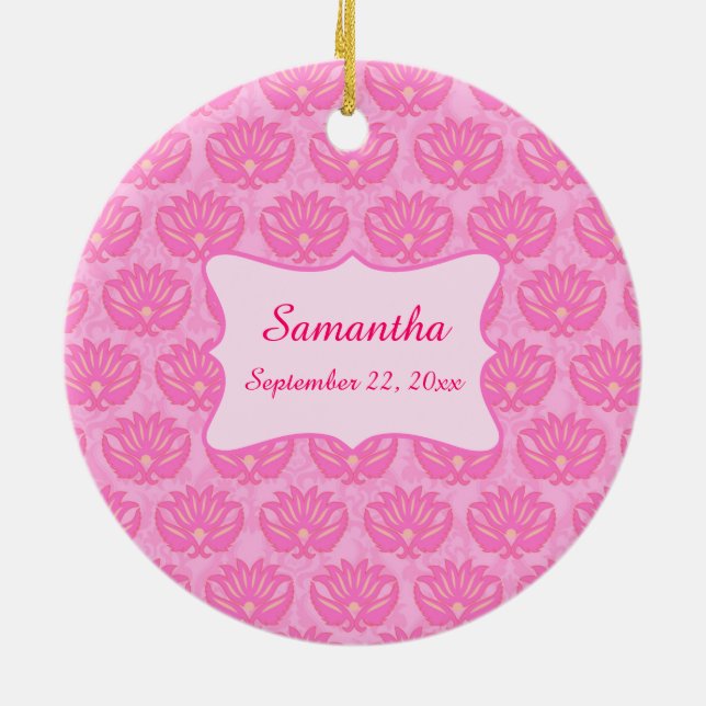 Pink Damask Baby Girl Name Personalized Birth Ceramic Ornament (Back)
