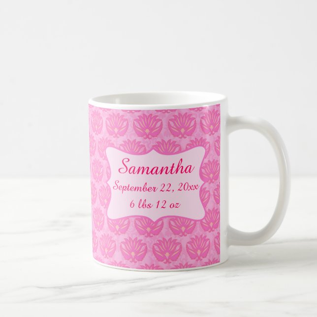 Pink Damask Baby Girl Name Personalized Birth Coffee Mug (Right)