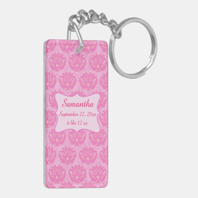 Pink Damask Baby Girl Name Personalized Birth Keychain (Back Left)