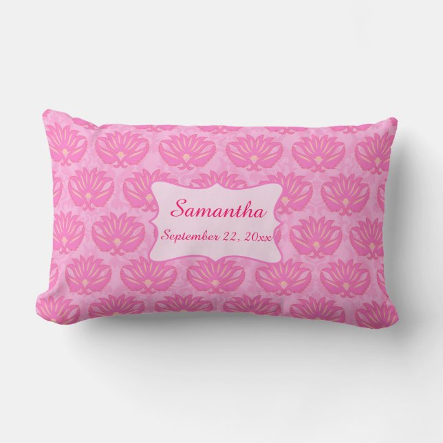 Pink Damask Baby Girl Name Personalized Birth Lumbar Pillow (Front)