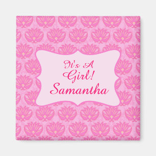 Pink Damask Baby Girl Name Personalized Birth Magnet