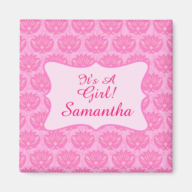 Pink Damask Baby Girl Name Personalized Birth Magnet (Front)