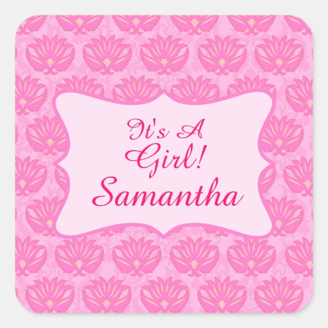 Pink Damask Baby Girl Name Personalized Birth Square Sticker (Front)