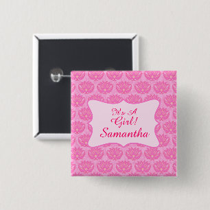 Pink Damask Baby Girl  Personalized Name Badge 2 Inch Square Button