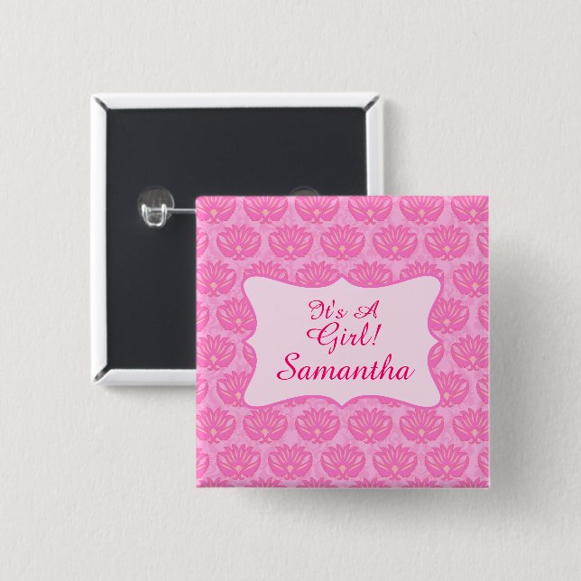 Pink Damask Baby Girl  Personalized Name Badge 2 Inch Square Button (Front & Back)