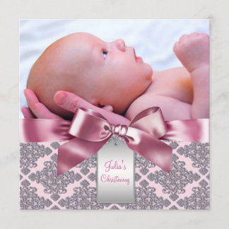 Pink Damask Baby Girl Photo Christening Invitation