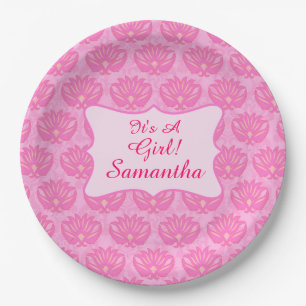 Pink Damask Baby Its a Girl Name Personalized Paper Plate