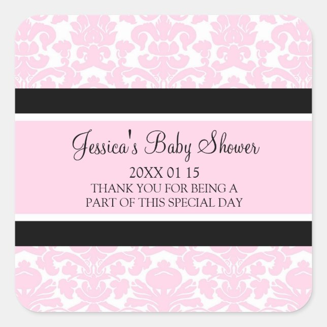 Pink Damask Baby Shower Favour Stickers (Front)