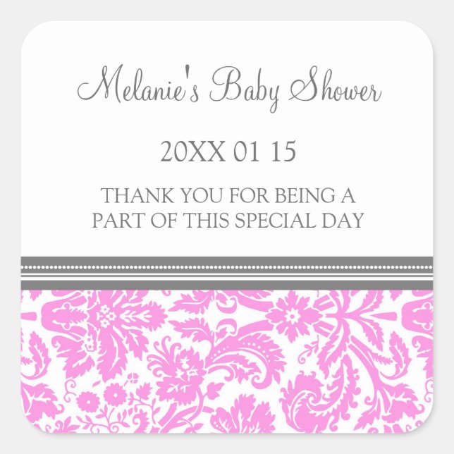 Pink Damask Baby Shower Favour Stickers (Front)