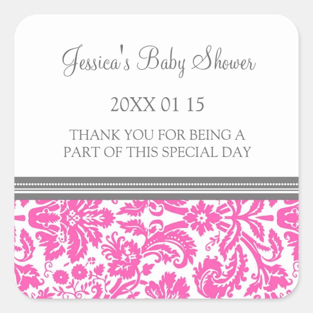 Pink Damask Baby Shower Favour Stickers (Front)