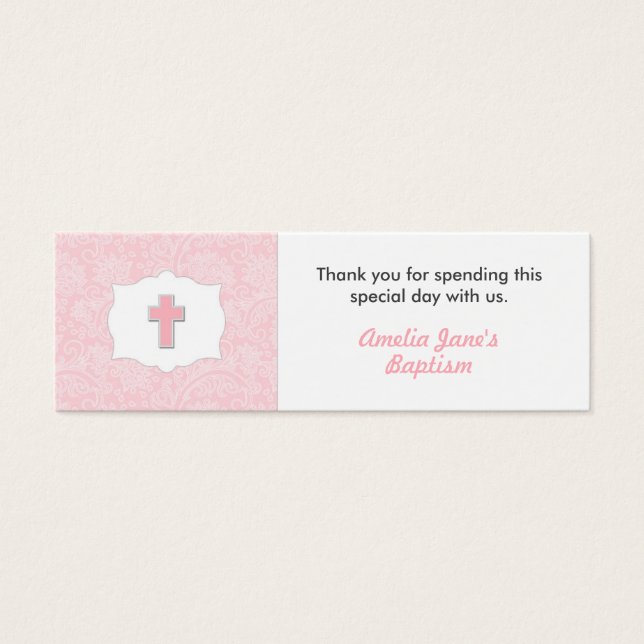Pink Damask Baptism Favour Tag with Cross (Front)