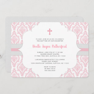 Pink Damask Baptism or First Communion invitation