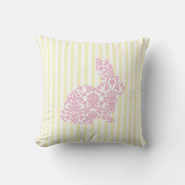 Pink Damask Bunny Rabbit on Yellow Stripes Throw Pillow (Front)