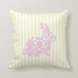 Pink Damask Bunny Rabbit on Yellow Stripes Throw Pillow