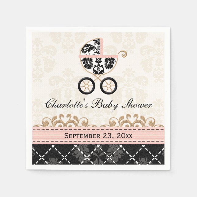 Pink Damask Carriage Baby Shower Napkin (Front)