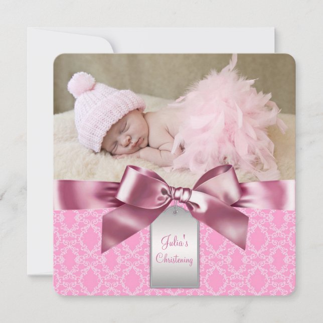 Pink Damask Christening Invitation (Front)