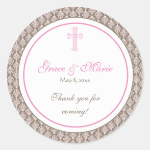 Pink Damask Cross Address Label/Favour Sticker