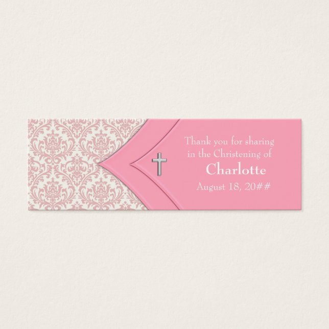 Pink Damask Cross Bomboniere Tags (Front)