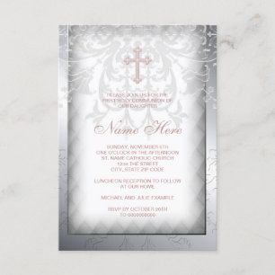 Pink Damask Cross First Communion Invitation