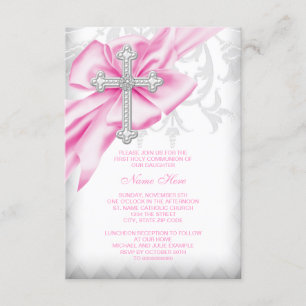 Pink Damask Cross First Communion Invitation
