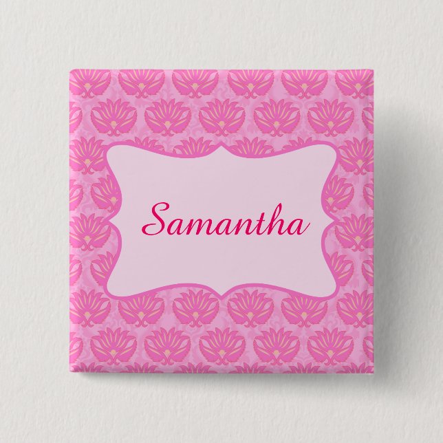 Pink Damask Custom Personalized Name Badge 2 Inch Square Button (Front)