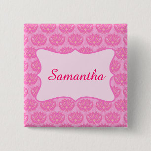 Pink Damask Custom Personalized Name Badge 2 Inch Square Button