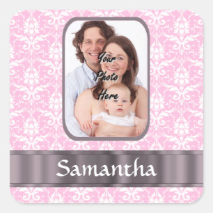 Pink damask custom photo square sticker