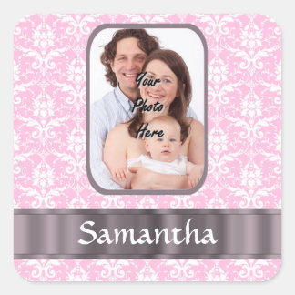 Pink damask custom photo square sticker