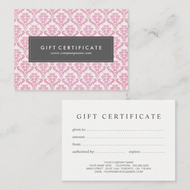 Pink Damask Customizable Gift Certificate (Front/Back)