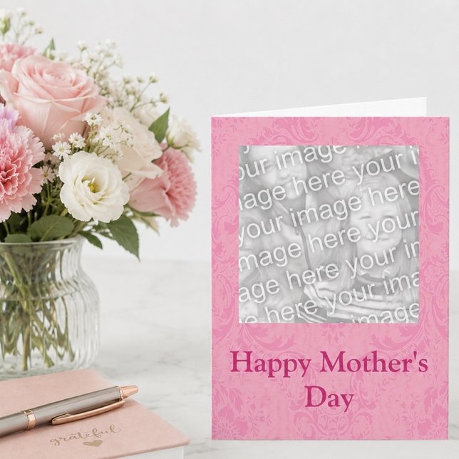 Pink Damask Customizable Photo Card (Creator Uploaded)