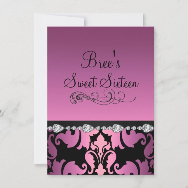 Pink Damask & Diamond Image Sweet 16 Invite (Front)