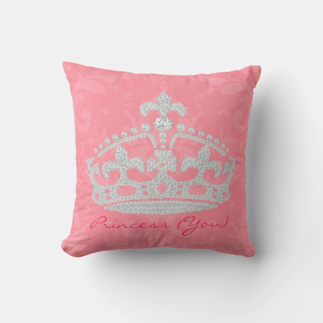 Pink Damask Diamond Princess Crown Pillow (Front)