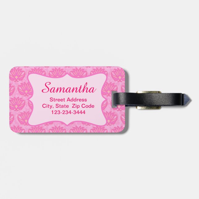 Pink Damask Feminine Name Personalized Birth Luggage Tag (Back Horizontal)