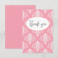 Pink Damask Flat Thank You Card