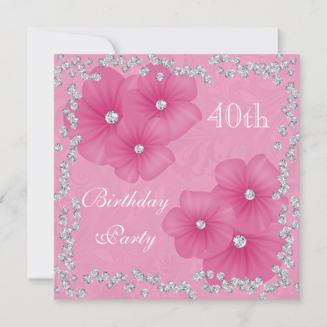 Pink Damask & Flowers 40th Birthday Invitation (Front)