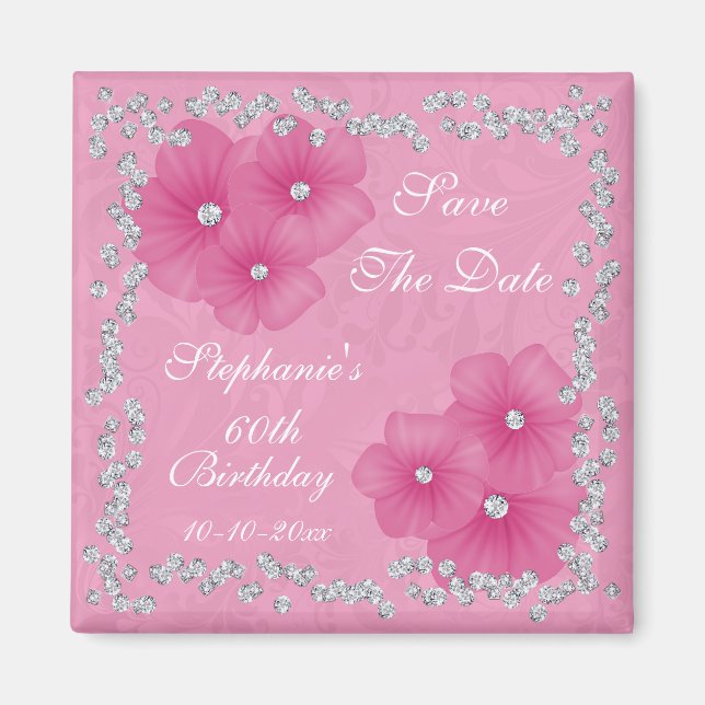 Pink Damask & Flowers 60th Birthday Magnet (Front)