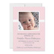 Pink Damask Frame Photo Baby Announcement