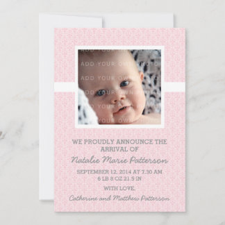 Pink Damask Frame Photo Baby Announcement