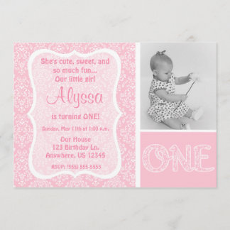 Pink Damask Girls First Birthday Invitation