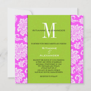 Pink Damask Green Monogram Wedding Invitation