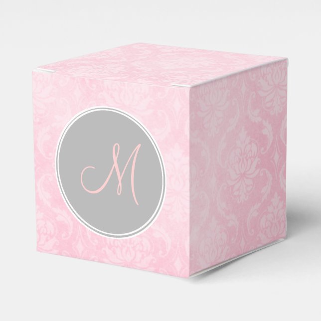 Pink Damask Grey Monogram Favour Box (Front Side)