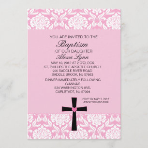 Pink Damask Heart BaptismInvitation Invitation