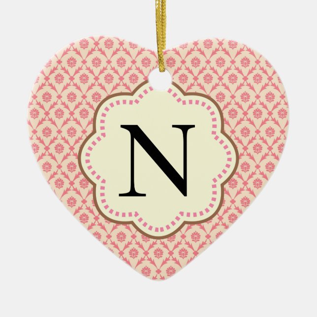 Pink Damask Heart Ceramic Ornament (Front)