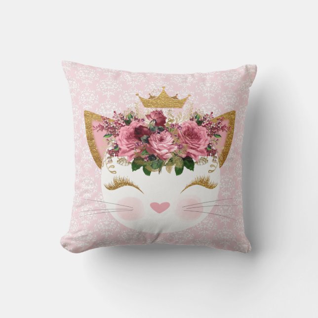 Pink Damask Kitty Throw Pillow (Front)